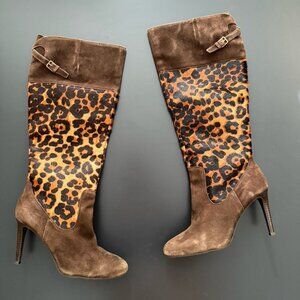RALPH LAUREN Halina Brown Suede Leather Animal Hair Calf High Boots Heels Size 8